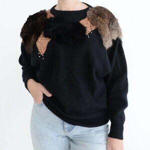 Vintage Magnolia Black w/ Brown 20% Rabbit Hair 70% Lambswool Crewneck Sweater S